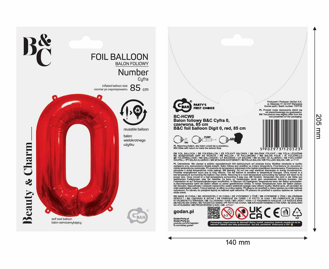 Foil balloon number 0, red, 85 cm